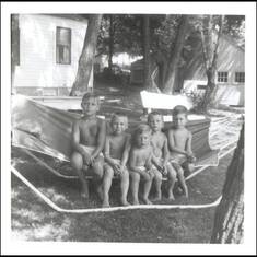 Circa 1950-52; At Grandparents cottage near Hillsdale, MI (L-R) Mickey, Richard, Cousin Jeff, Lance, and Cousin Steve.