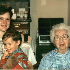 Larry's mother, Gladys, with her great grandchildren Jennifer, age 20; and Micho, age 2 - 1989