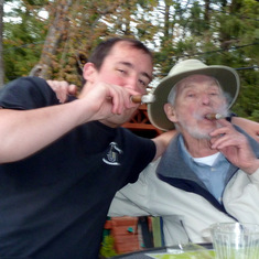 Our most humorous shot!  On Jennifer's deck,  husband Mitch, Bernard, Micho and Grandpa decided to be 'real' men, and broke out the fine whiskey and cigars :)
