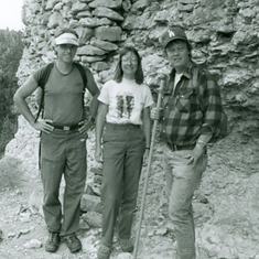 John Hanson, Larry, and TC at Lee Canyon cliff dwelling, ca 1987