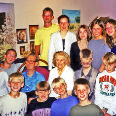 Grandpa & Grandma Arkebauer with all of their grandchildren (Laura at right)