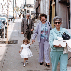 Laura with her grandparents, Ruth and Wendell Hill, Sr., and friend Loretta going to dinner at Haussner's in Baltimore