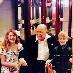 Laura and Woody with their Great Grandpa John Muzzy ("Paw-Paw") on his 90th Birthday (1992)