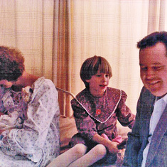 Laura and Uncle Richard at Washington Adventist Hospital the day after birth of Woody (with Karen, at left)--Oct. 24, 1987