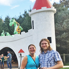 Laura and Trey at the reborn Enchanted Forest entrance (2017)