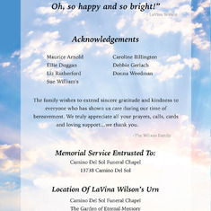 Back Page of Celebration Of Life Memorial Program