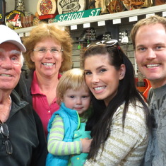 summer 2014 Larry and Leigh with relatives Chris, Kristina and Ruby Hirschman during a visit to the music store.