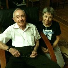 Larry enjoying a visit from cousin Cathy Schell and husband RIchard Rathe (2010)
