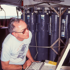 Larry examing a CTD profile on the R/V Gyre, 1992
