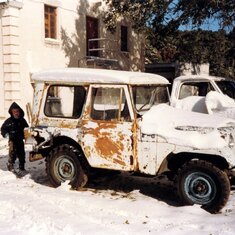 An old rusty jeep at the Marine Institute on Sapelo in a rare snow, Dec 1989. Could this be a relic of the army surplus jeeps that Reynold provided the scientists as Pomeroy mentioned?