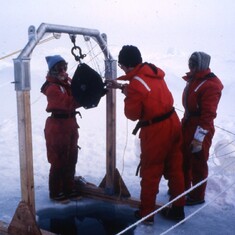 Arctic Oceanography, on a flat iceberg N of Resolute Bay, 1988. 80 deg N. (Science at Sea #8)