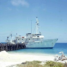 R/V Alpha Helix at dock, Japtan Island.  Photo Dr Susan Betzer.  Symbios Expedition 1971 ("Science at Sea" #5)
