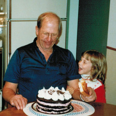 1987- I think Granddaughter Jennifer wants grandpa to get to the Blackforest Cake!