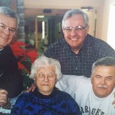 Visiting with her 3 boys: Norman, Leo & Walter. RIP Frank