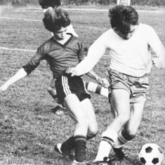 Len about to get a yellow card for tripping in junior varsity game, 1980. Nice short-shorts!