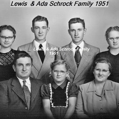 Lewis Schrock Family- (front) Lewis, Thelma, Ada, (back) Lila, Dellis, Leroy, Wilma