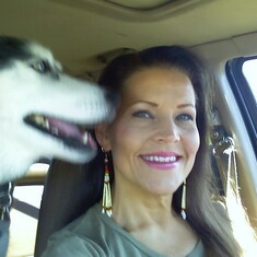 Melody with her dog Dakota on the way to see Les and Viv in Yuma, Arizona. One of many, many trips.