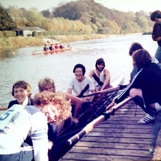Lew (Centre), rowing for Leeds University at Durham's River Wear.