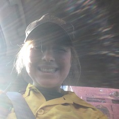 A Selinde selfie.  In her firefighting yellow, so happy to be part of the fire crew