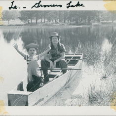 1948~ Jack & Lois & dog (French bull dog Teddy?) on Uncle Grover's pond, Mitchell, Louisiana.