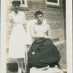 1943 or 44 Army cadet nurse Lois & unknown wounded soldier at Schick Army Hospital. Clinton, Iowa
