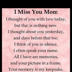Miss you Mom. Wish you were here. Life is not the same love u always 