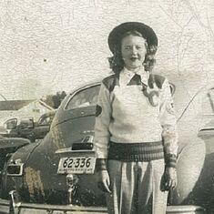 020d Mom in letter sweater 1946 Fluid Drive Dodge going to Calgary Stampede