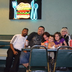 Part of our family Her son in law James, Grandson Wesley, Grand Daughter Lori-Ann, Great Grand Daughter Alexis,  Great Grandson Ryker, Daughter Brenda xoxoxoxoxo  We were all out at Wimpy's right by Mom & Dad's apartment on Nonquon Rd. in Oshawa, Ontario.