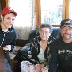 Grandson Stuart, Mom & Son Dale.  Taken May 2013 when we took Mom up to Dale's in Peterborough.