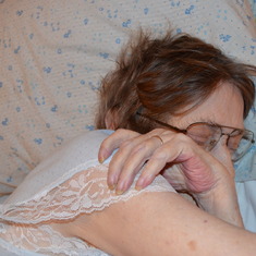 Mom a sleep in her own bed at her own apartment in her own night gown so comfortable & peaceful.  Love You Mom xoxoxoxo