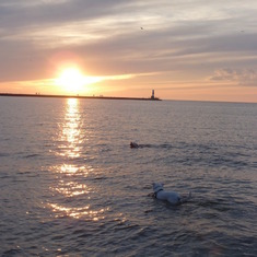 two dogs at a Lake Michigan sunset August 2013