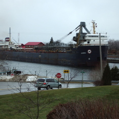 A ship comes up the Manistee River December 2005