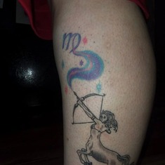 A tattoo i got on my leg as a memorial to my mom, (arrows go to heaven shot by a centaur). 