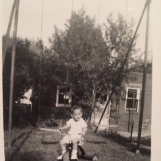 Dad/Lou as a little boy with his parents swinging in their backyard.