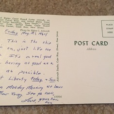 Lou's Post Card to his parents while he was in the Coast Guard. He speaks of the boat/ship he was on named the Unimak.