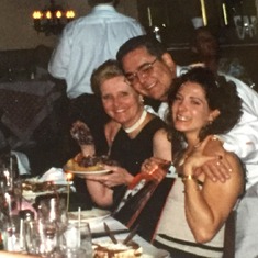 Gina's College Grad Dinner-Maggianos. Group hug and Love! August 1999.