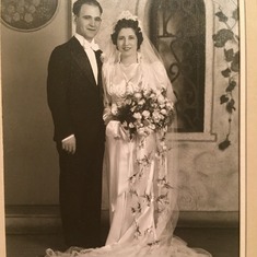 Lou's Parent's Wedding photo. Louie V. Mortellaro marries Nettie DeNuzzi on April 21,1941 at Mt. Carmel Church in Denver, Colorado