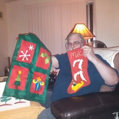 Michael childhood Xmas stocking. Kathleen's Christmas bag. His reason for giving me the stick eye.
