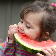 JuJu eating watermelon just like Grandma Lou she loved watermelon.