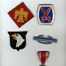 Medals and Patches-  Red and Yellow patch was from the 45th Infantry Division, Crossed swords--10th Infantry Division in Ft. Riley, Kansas--Screaming Eagle--101st Airborne, Combat Infantry Badge--Good Conduct Medal