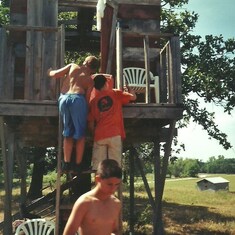 Carrying water balloons up to the treehouse, Luke, Philip A., Roger