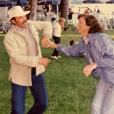Lyman and Lynda dancing at Mom's 80th birthday party at Lake Tahoe 1986