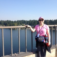 Day one of the 3 day walk last year (2012) looking over Mercer Island.  I'm wearing my aunts pin. We had so much fun.