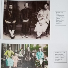 Top: Mother Ying Tom, Grandmother Lee, Infant Madeline and Father Stephen Lee. Bottom: Mother, Madeline, Grandmother Tom, Cousin Leon and his mother in China.