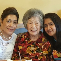 Mom's 90th birthday with two caregivers, Manusina and Donna. 