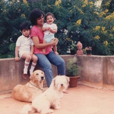 Aunty Mads with Nipun, Akhil and the dogs