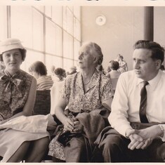 1960 at Frankfurt airport waiting to depart to JFK. Hilda, Oma Hohmann and Manfred