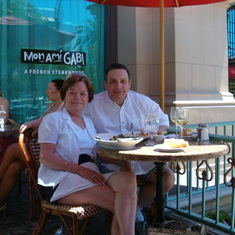 Marcia and Richard Hooker on their wedding Day at the the Las Vegas Mon Ami Gabi with mist-making sun umbrellas :)