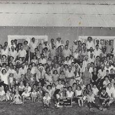 United Salt Corp Annual Get Together 1953 - mom is down front by the sign, grandma and grandpa at top left middle of sign.
