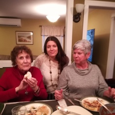 Mom enjoying a meal in my kitchen with her granddaughter Chris and my sister in law Joyce 2020